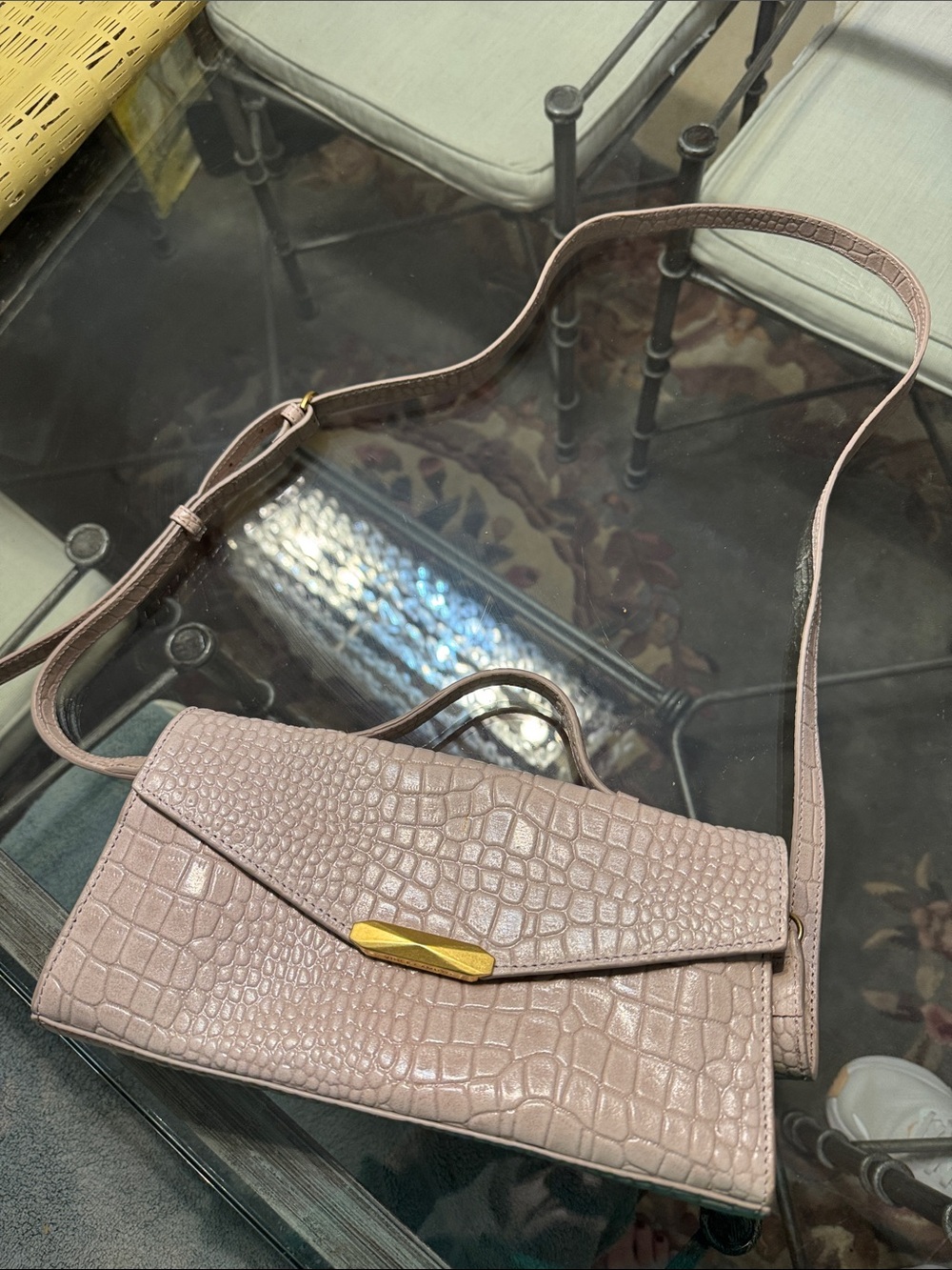 Women's Croc-Embossed Crossbody Bag in Taupe with Gold Accent